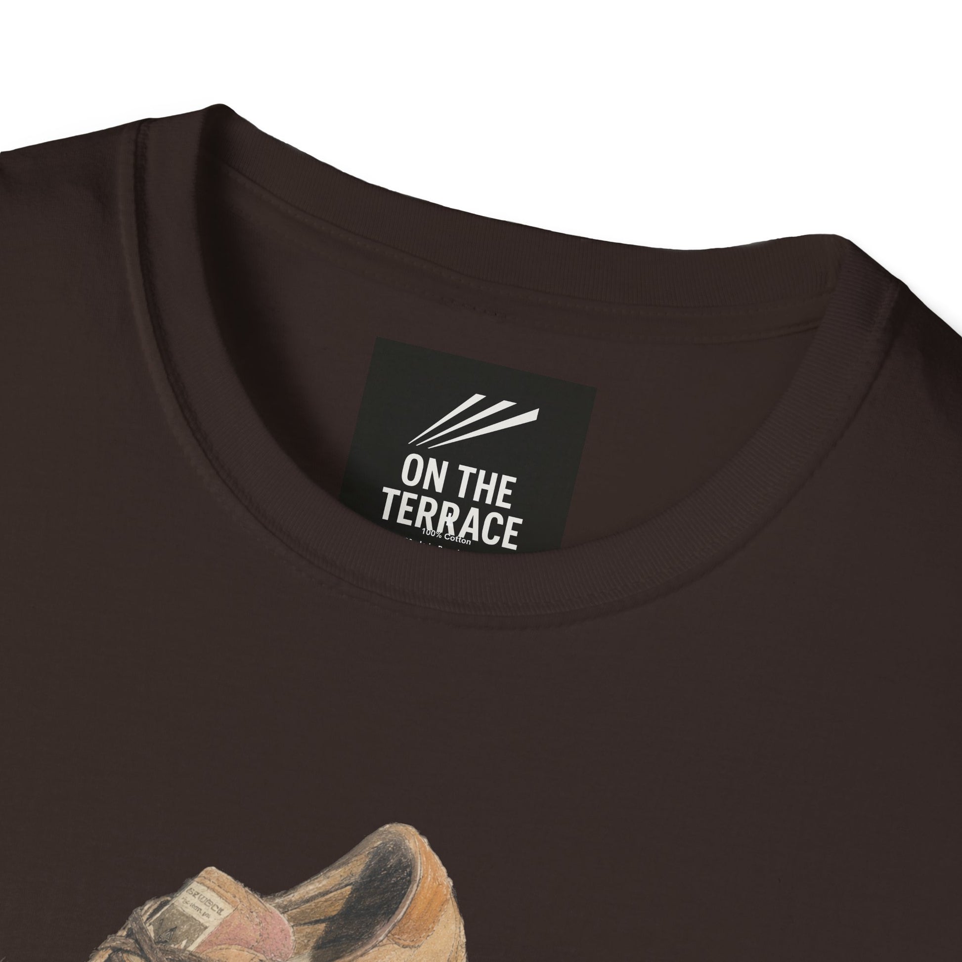 Brown Adidas Samba graphic t-shirt with detailed sneaker print showing side and sole view