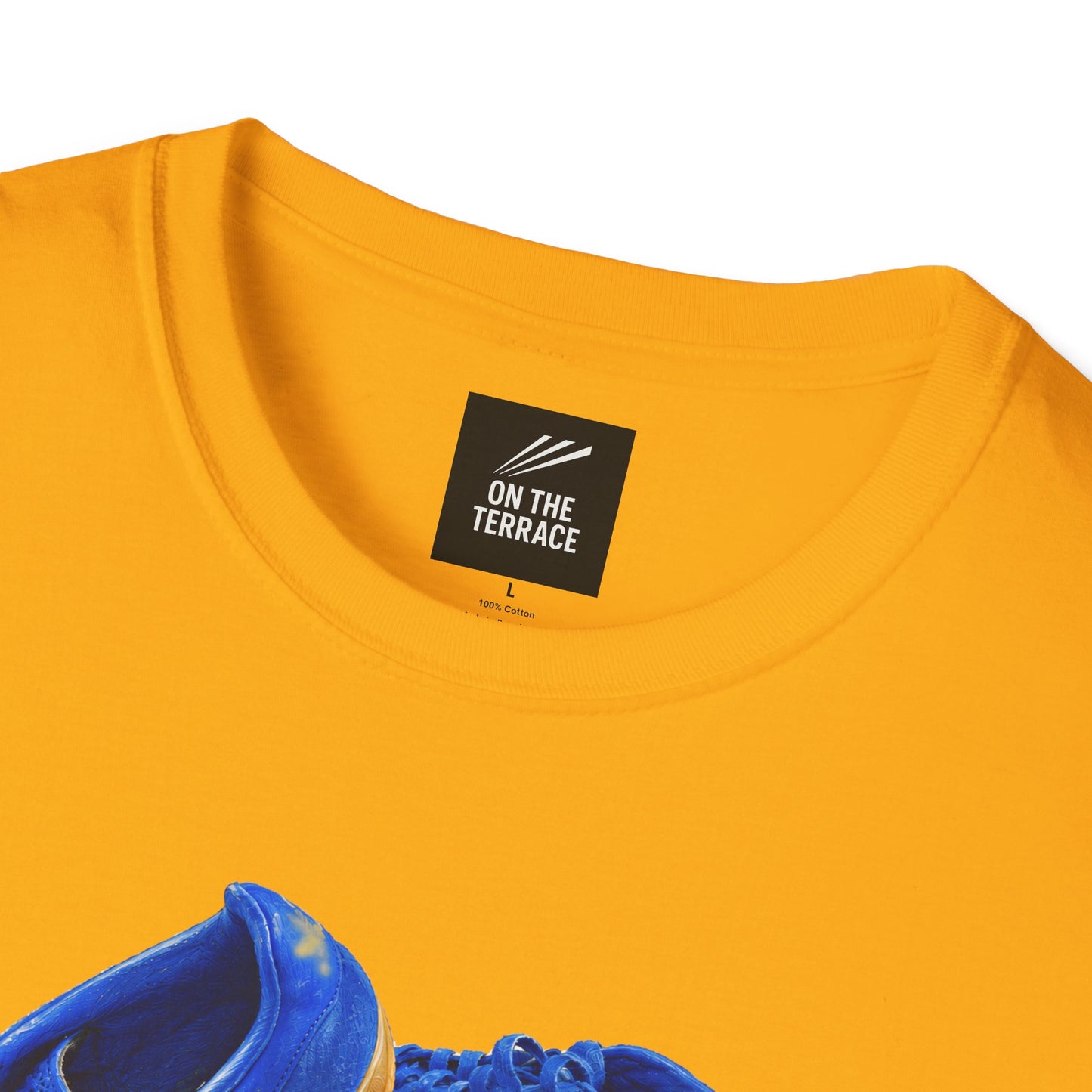 Yellow retro sneaker graphic t-shirt with blue vintage trainer and shoebox print