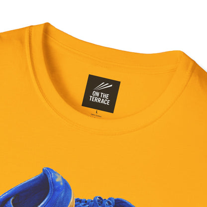 Yellow retro sneaker graphic t-shirt with blue vintage trainer and shoebox print