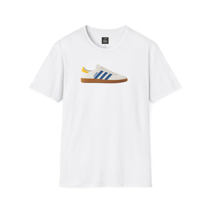 Leeds United  White t-shirt with a graphic of a sneaker on a white background