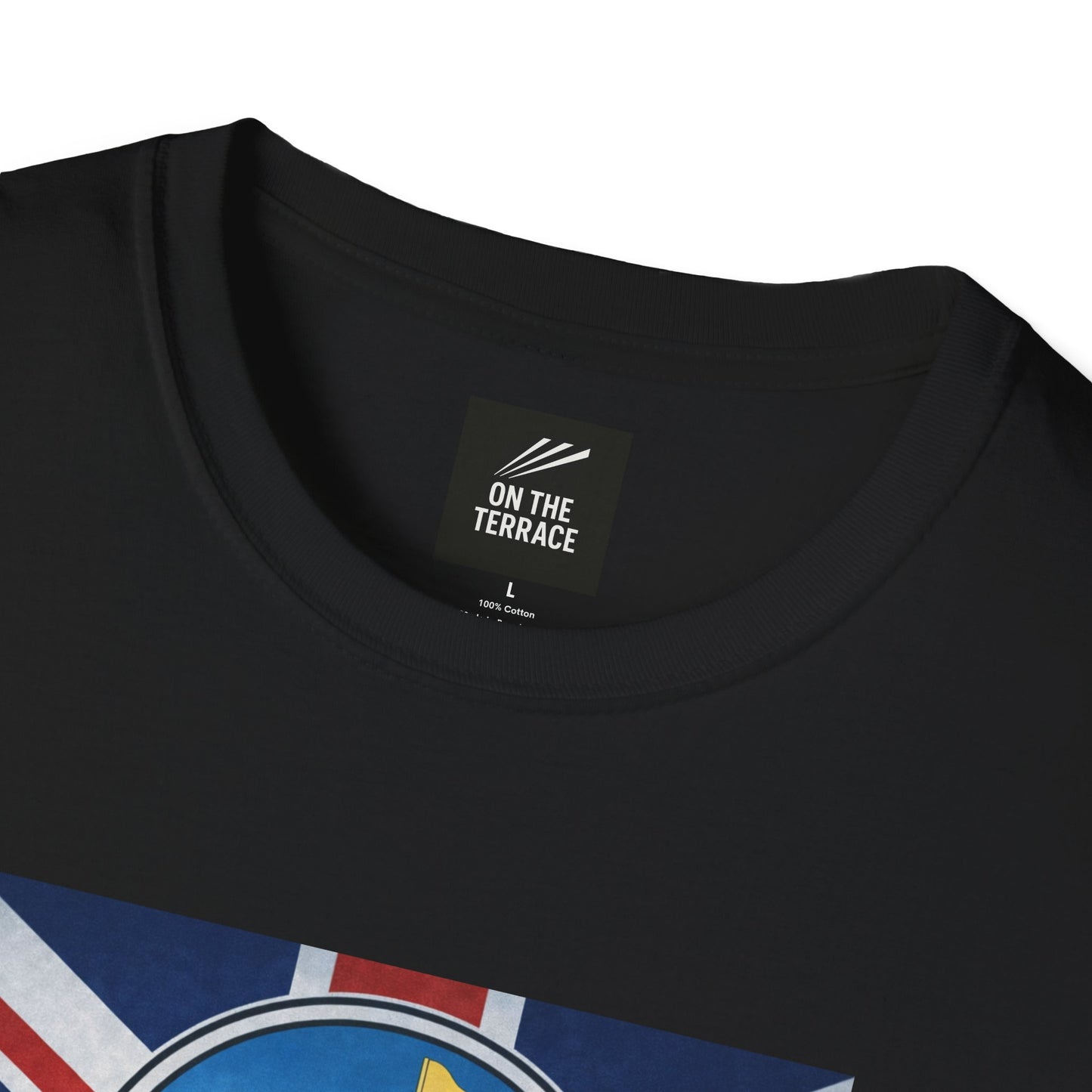 Black t-shirt with 'On The Terrace' label and a colorful design on a white background