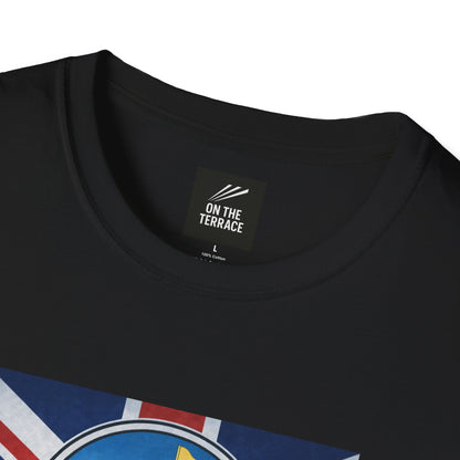 Black t-shirt with 'On The Terrace' label and a colorful design on a white background