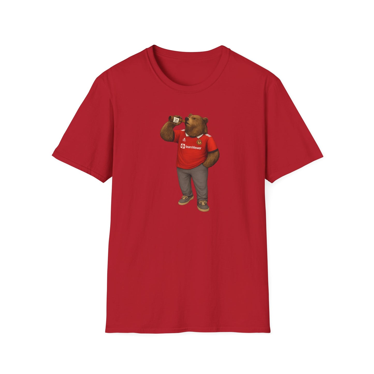 Red t-shirt with cartoon bear wearing Manchester United jersey drinking from bottle graphic