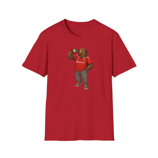 Red t-shirt with cartoon bear wearing Manchester United jersey drinking from bottle graphic