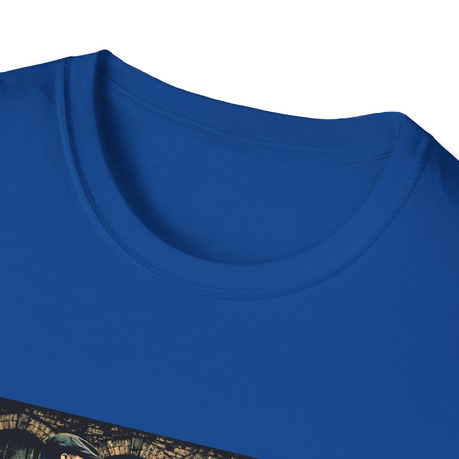 Close-up of a blue shirt with a small design on the collar area.