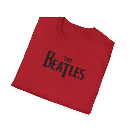 Close up of a t-shirt with 'The Beatles' logo on a white background