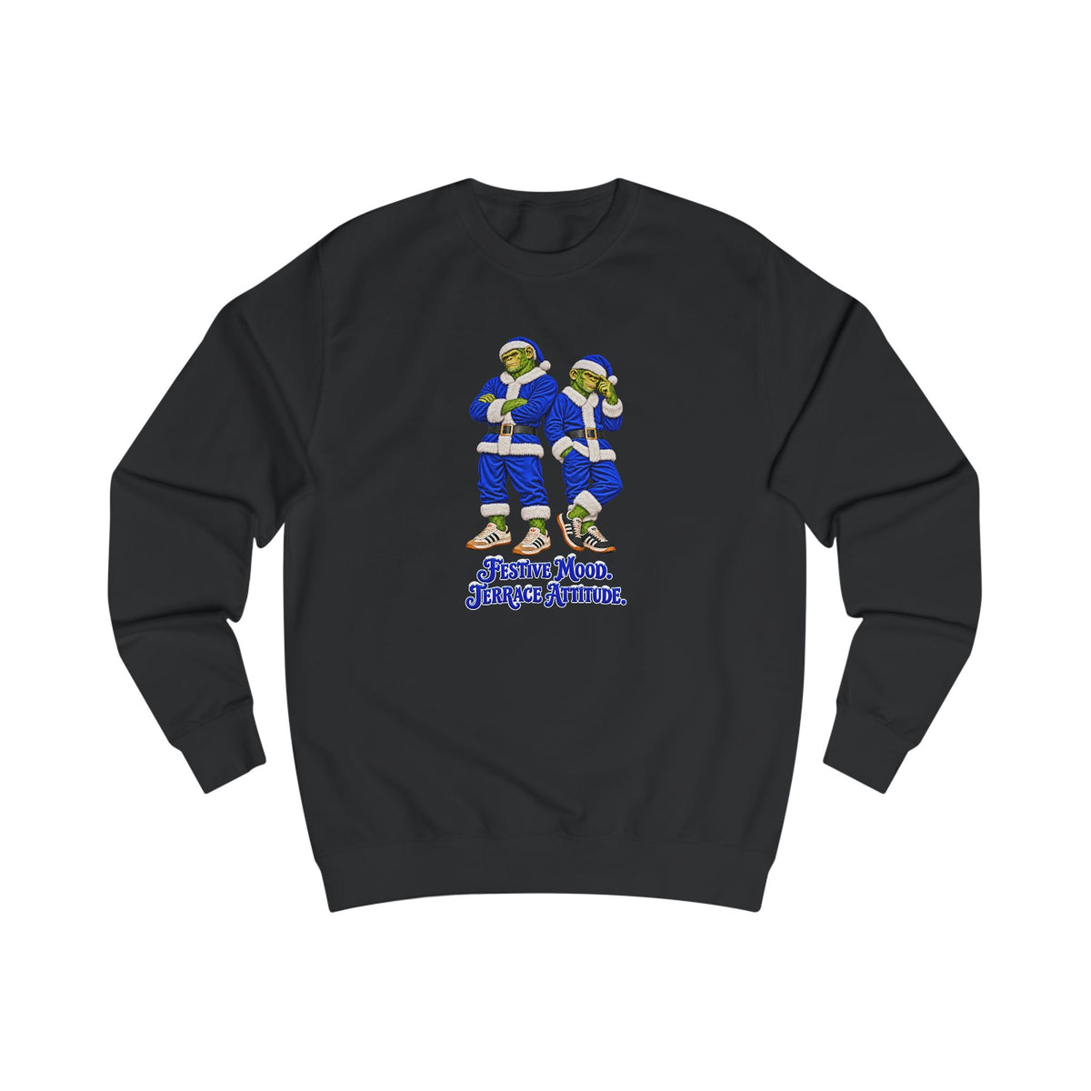 Black Northern Monkeys Christmas jumper with two chimp casuals in blue Santa suits and Festive Mood Terrace Attitude slogan