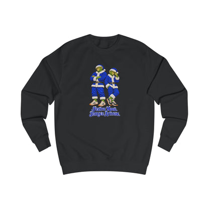 Black Northern Monkeys Christmas jumper with two chimp casuals in blue Santa suits and Festive Mood Terrace Attitude slogan