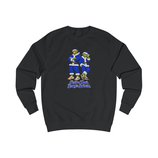 Black Northern Monkeys Christmas jumper with two chimp casuals in blue Santa suits and Festive Mood Terrace Attitude slogan