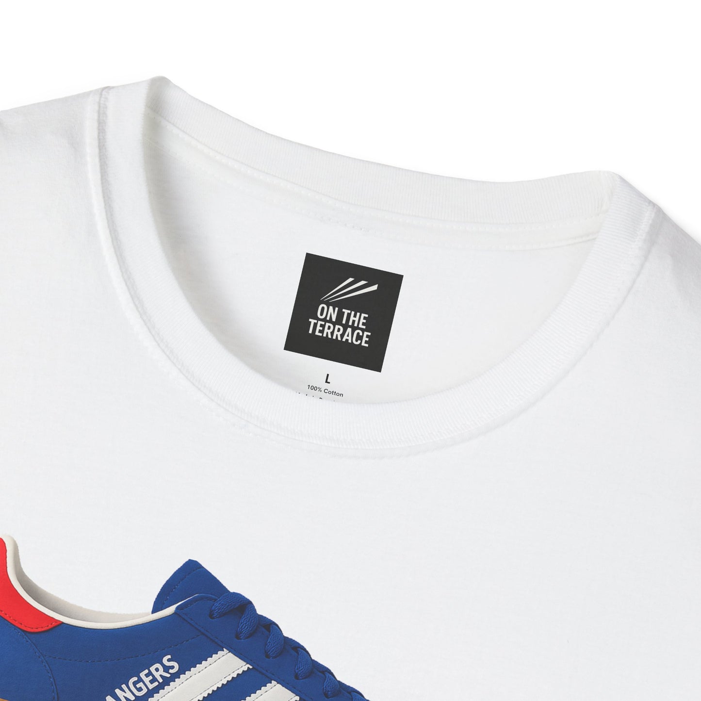White cotton t-shirt with On The Terrace label and partial blue sneaker graphic