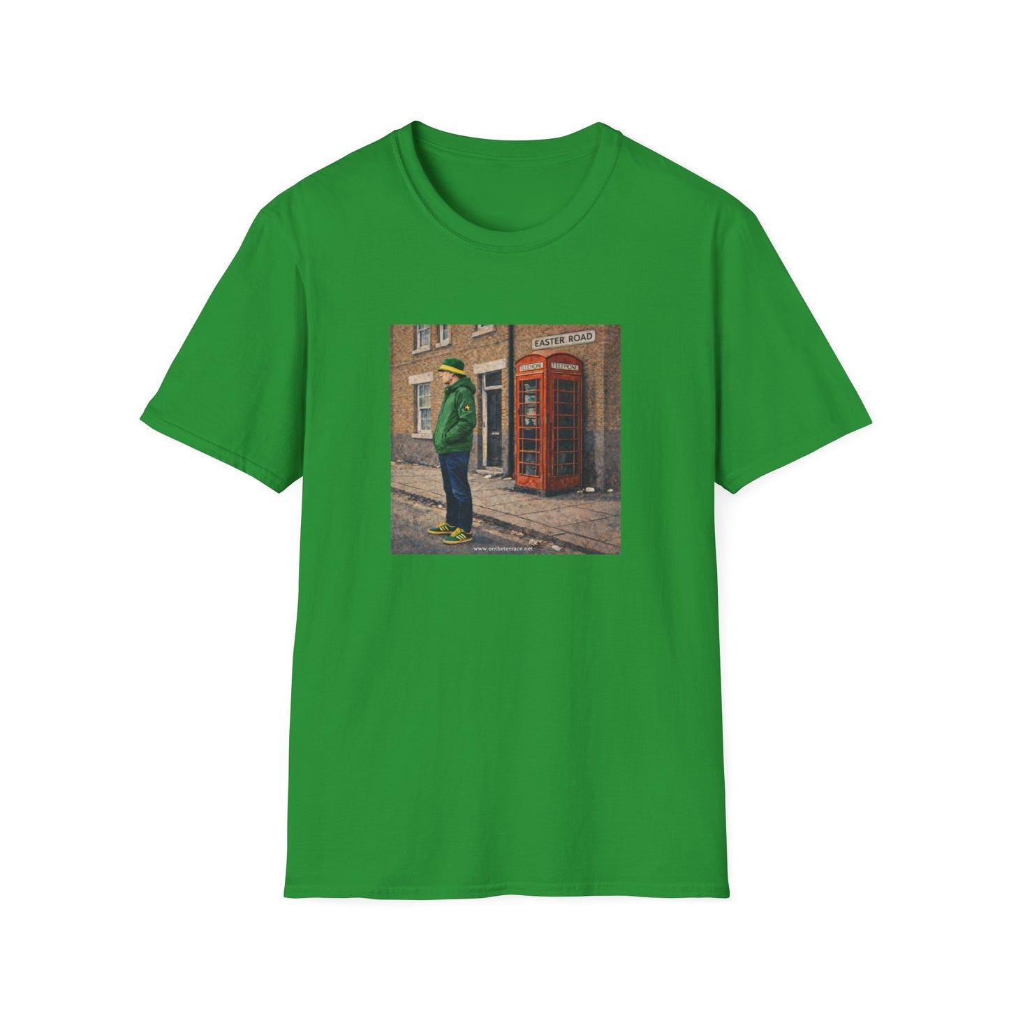 Green t-shirt with a printed design of a person standing next to a red phone box on a white background