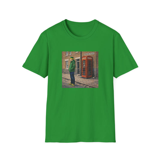 Green t-shirt with a printed design of a person standing next to a red phone box on a white background