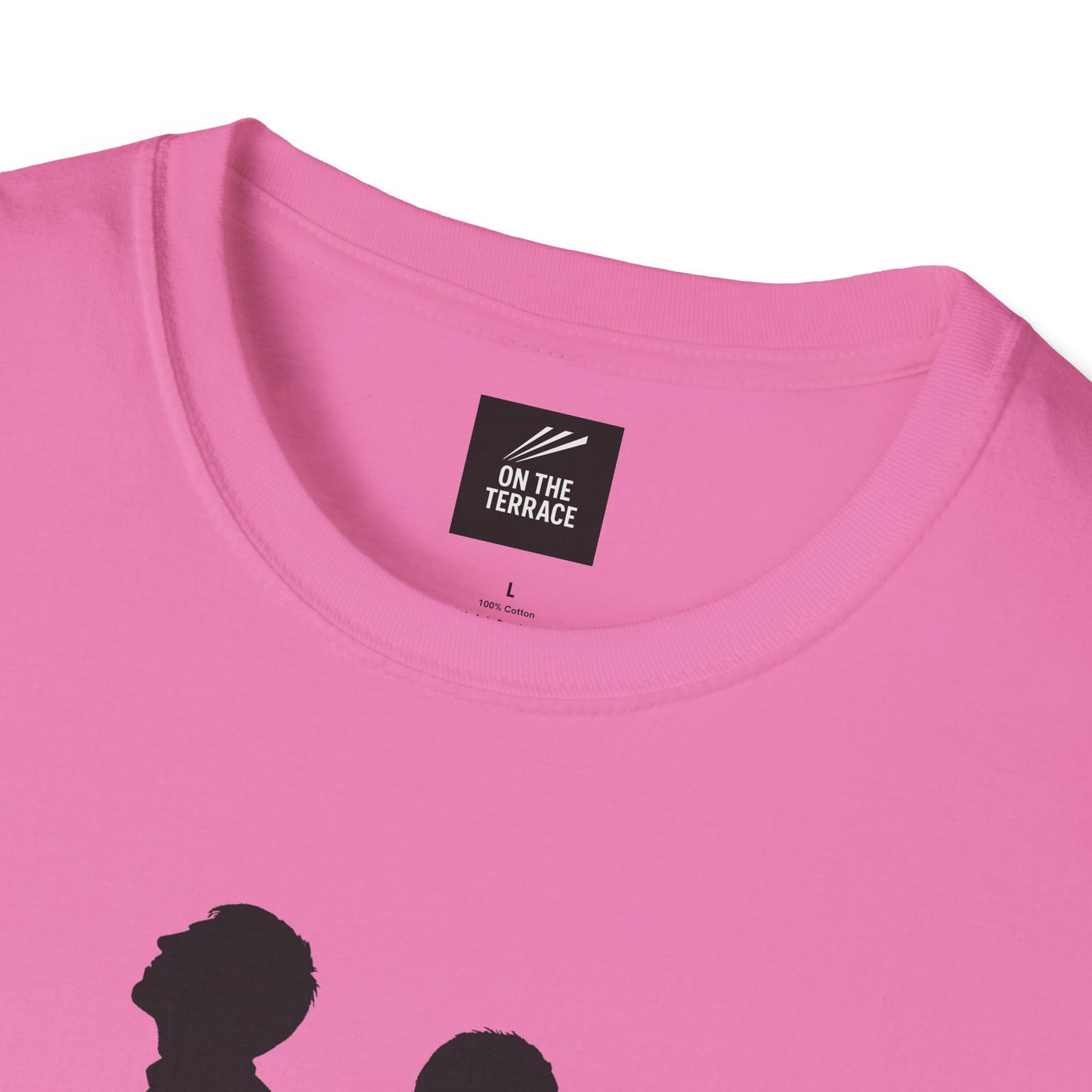 Close-up of pink cotton t-shirt neckline with black On The Terrace label and partial head silhouette print
