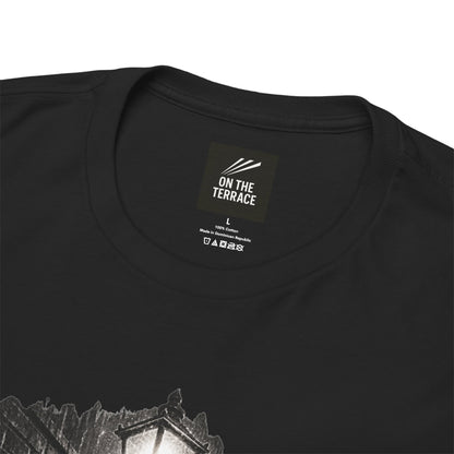 Close-up of On The Terrace neck label on black heavy cotton She's Electric tee