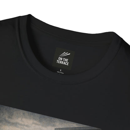 Black t-shirt with 'On The Terrace' label on a white background