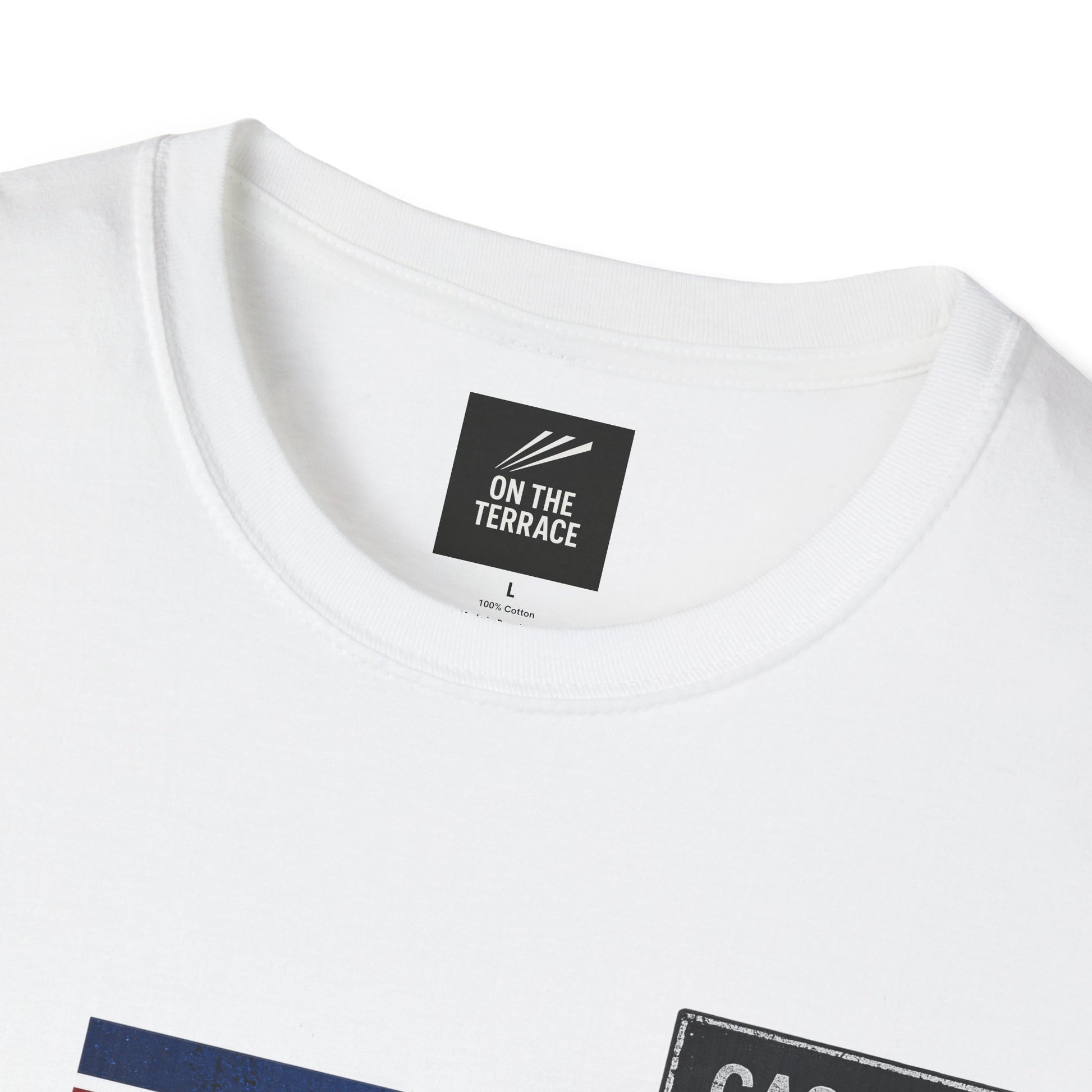 White Casuals On The Terrace graphic t-shirt with retro blue red and white stripes