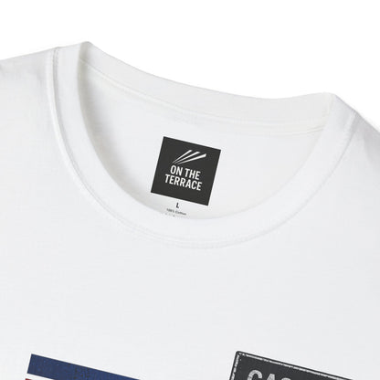 White Casuals On The Terrace graphic t-shirt with retro blue red and white stripes