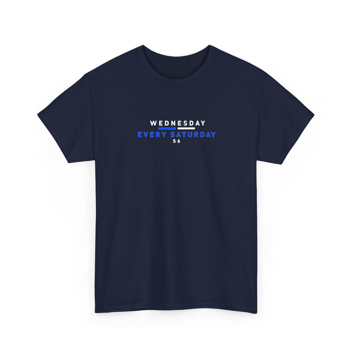 Navy Sheffield Wednesday T-shirt, front view with Wednesday Every Saturday S6 chest print