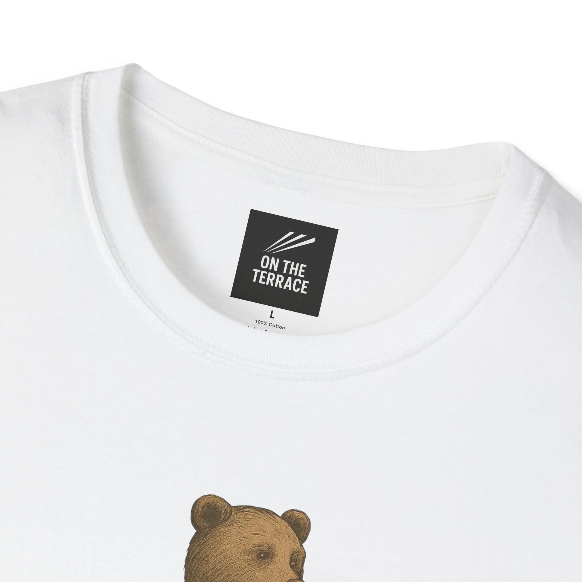 Close-up of white cotton t-shirt neckline with bear graphic and black On The Terrace size L label