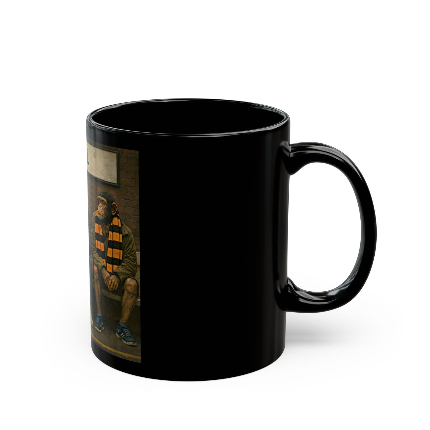 Black mug with a printed design of a person in a striped sweater on a white background