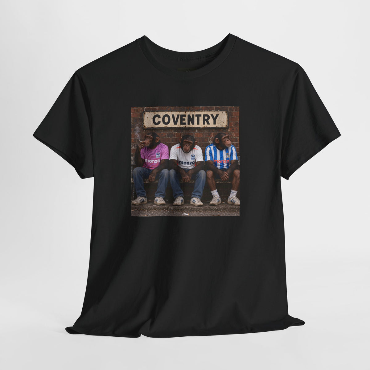 Three chimps in Sky Blues shirts sat beneath a Coventry sign, printed on a black tee