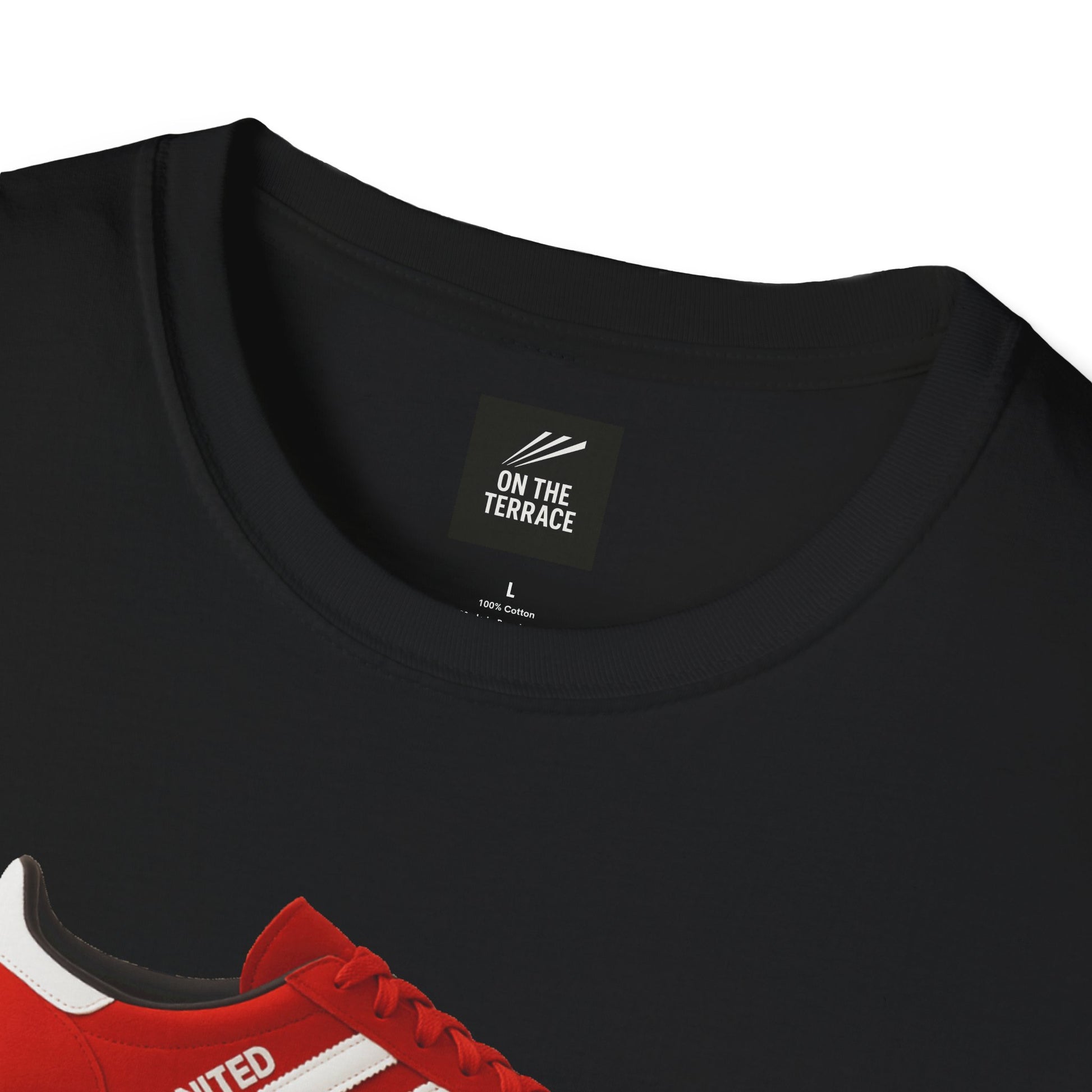 Black cotton T-shirt with On The Terrace label and red sneaker partially visible at bottom