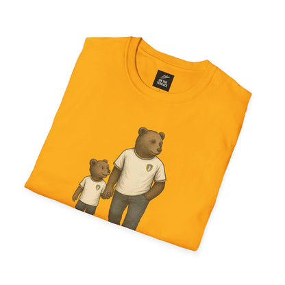 Leeds United yellow t-shirt with illustration of two bears holding hands wearing matching white t-shirts and jeans