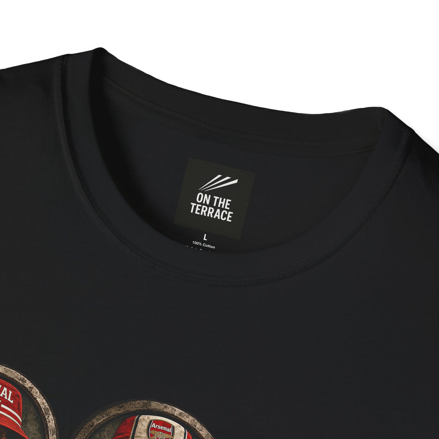 On The Terrace Northern Monkeys black graphic t-shirt featuring retro Arsenal images