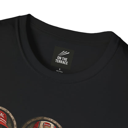 On The Terrace Northern Monkeys black graphic t-shirt featuring retro Arsenal images