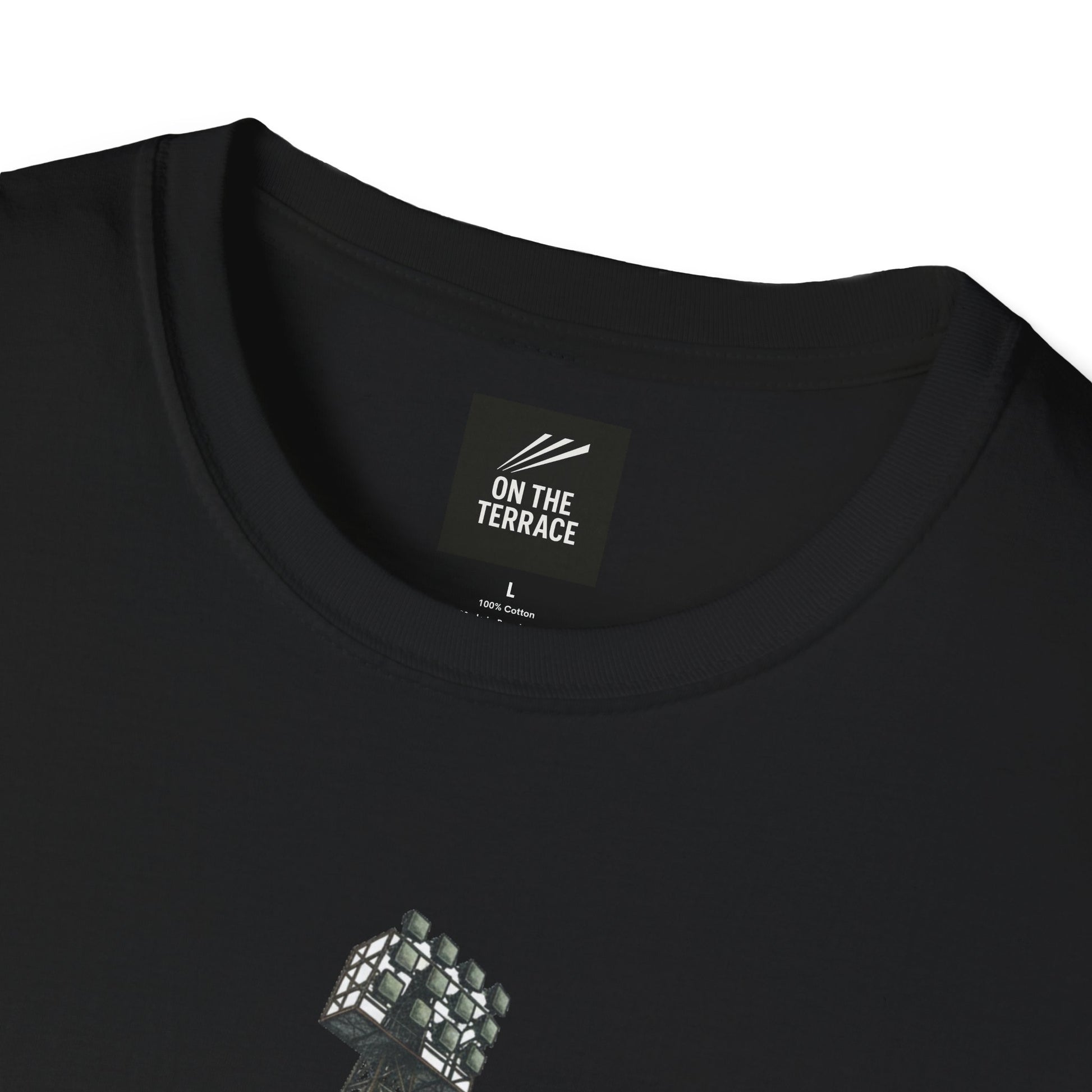 Black cotton T-shirt with On The Terrace label and stadium floodlight graphic design