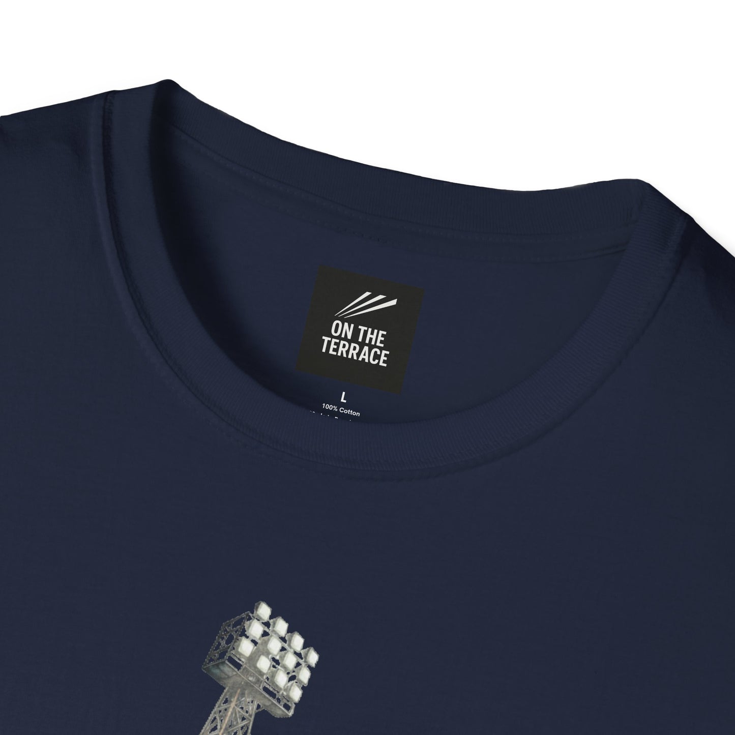 Navy blue cotton t-shirt with On The Terrace logo and stadium floodlight graphic