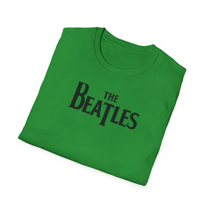 Close up of a t-shirt with 'The Beatles' logo on a white background