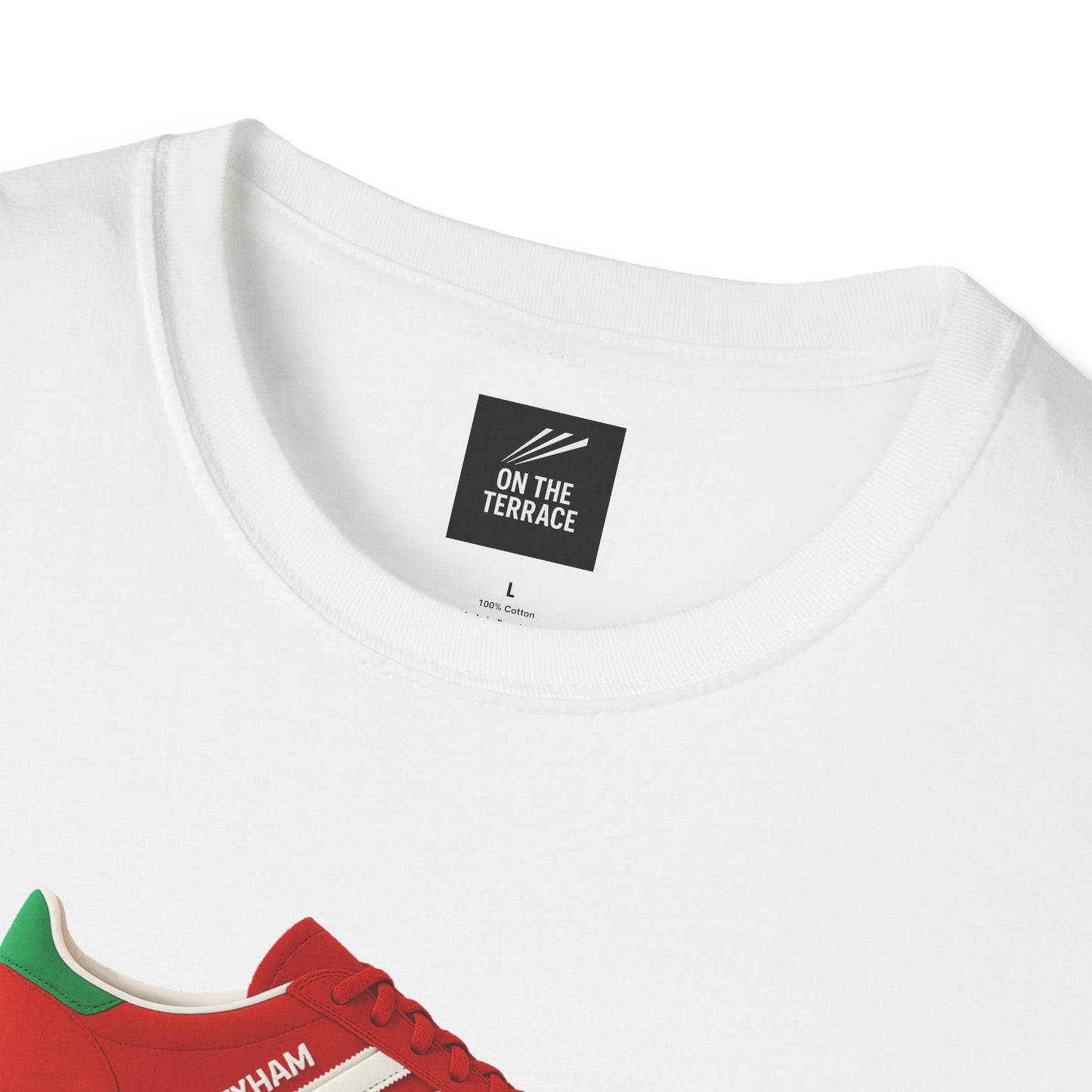 White cotton t-shirt with On The Terrace label and red and green sneaker graphic