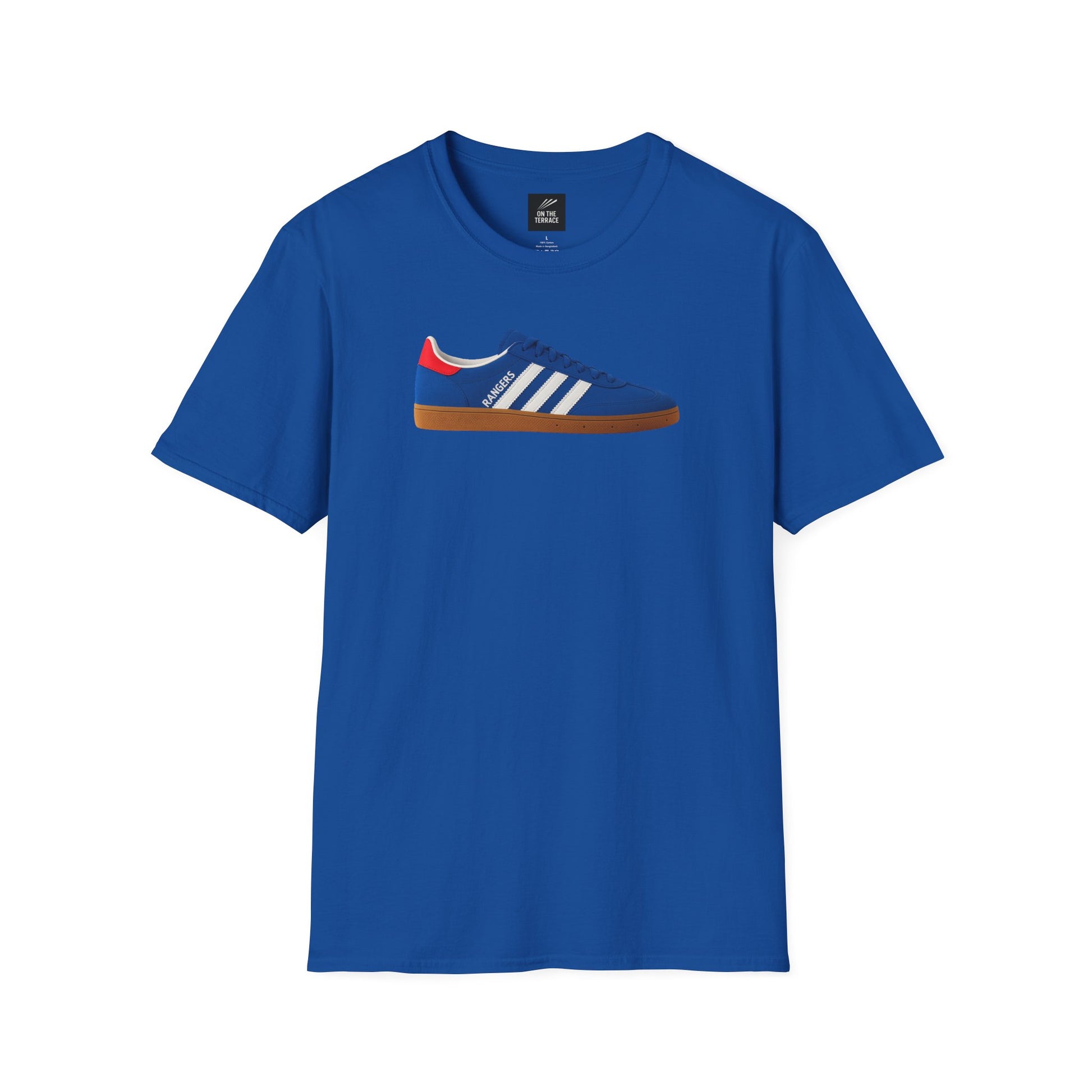 Rangers Blue T-shirt with printed blue sneaker featuring white stripes and red accent, casual fashion