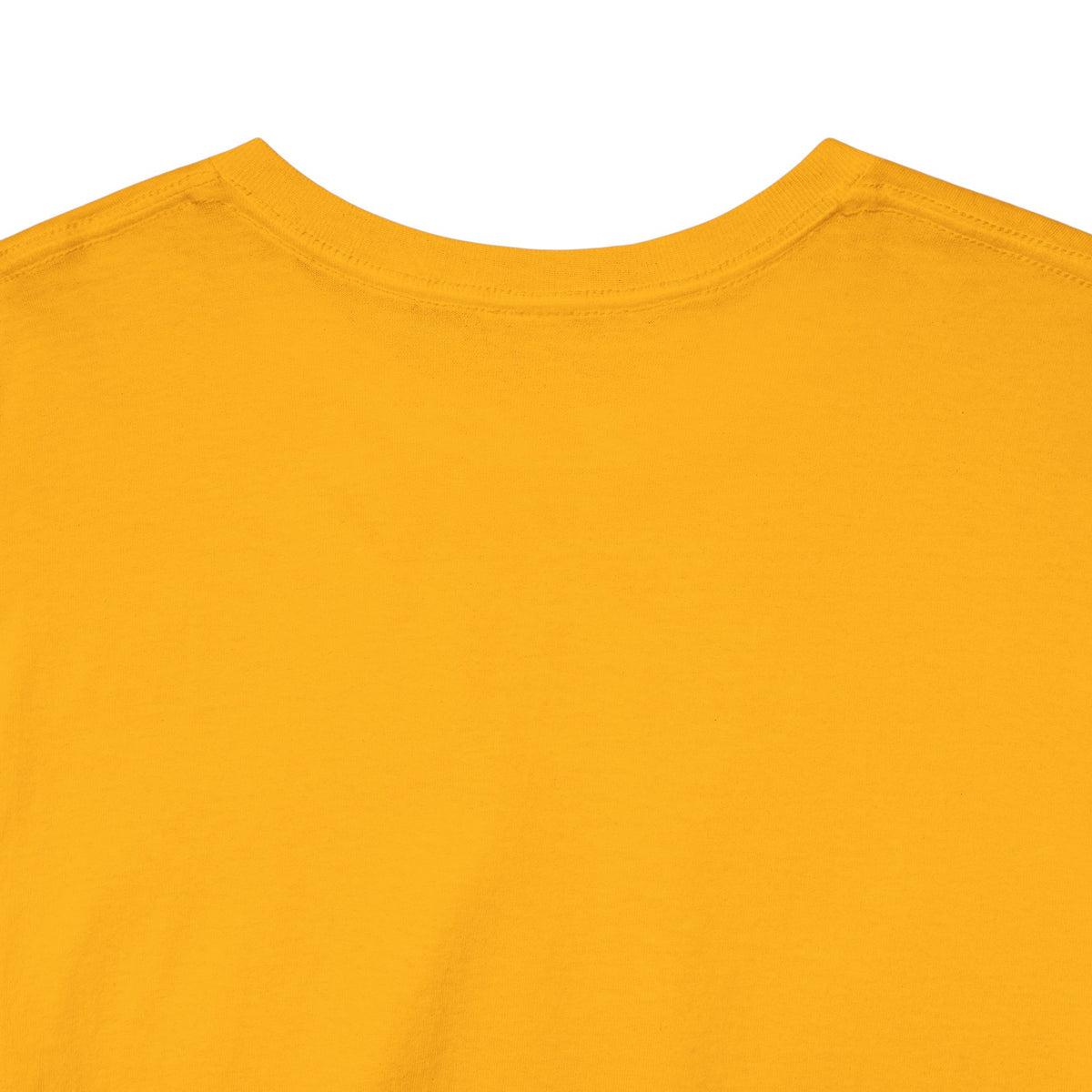 Close-up of the collar on gold heavy cotton T-shirt