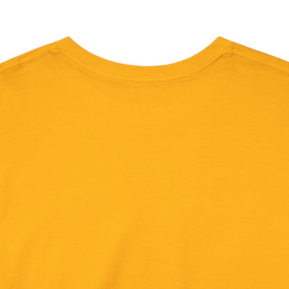 Close-up of the collar on gold heavy cotton T-shirt