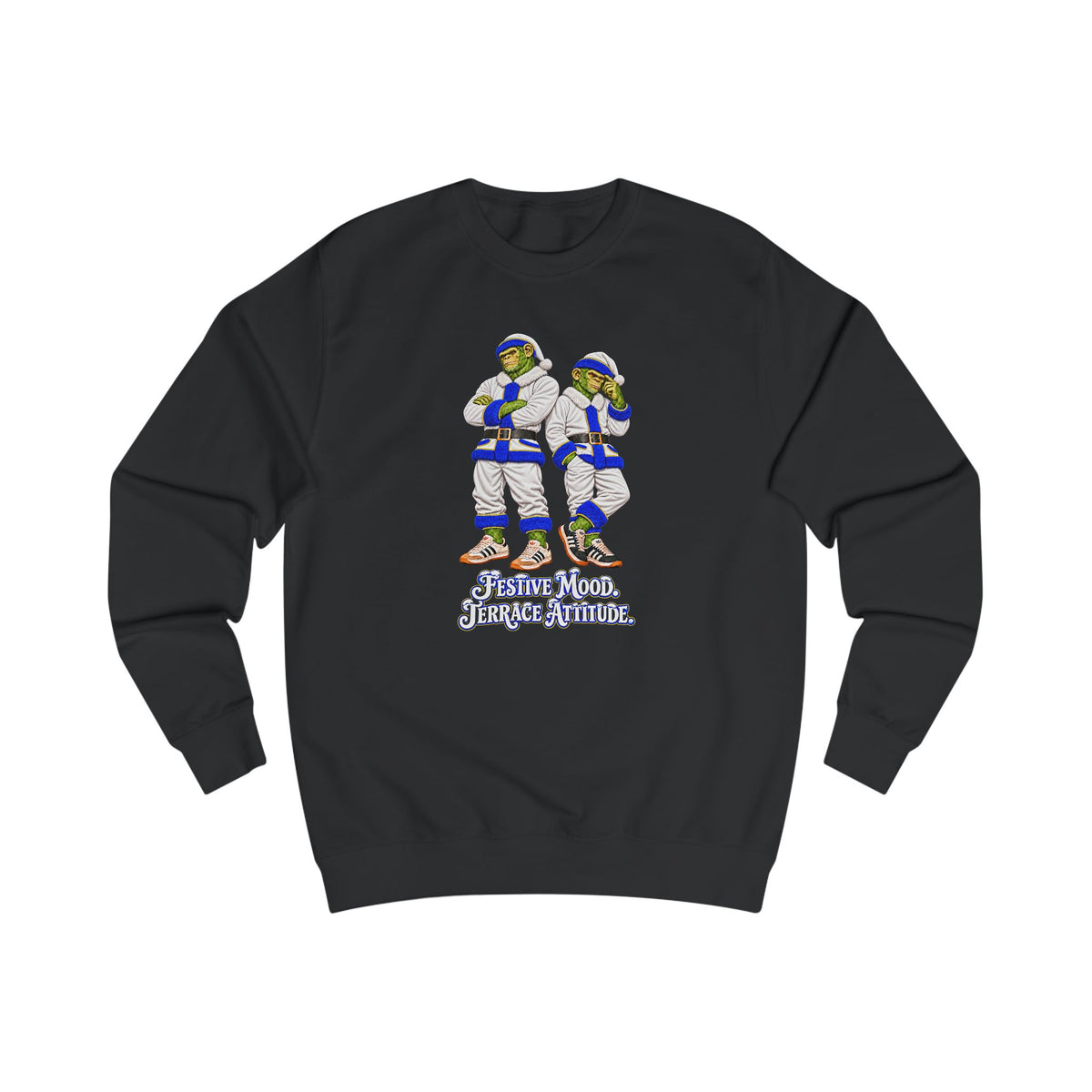 Black Leeds United Christmas jumper with two Northern Monkey chimps in white and blue Santa suits