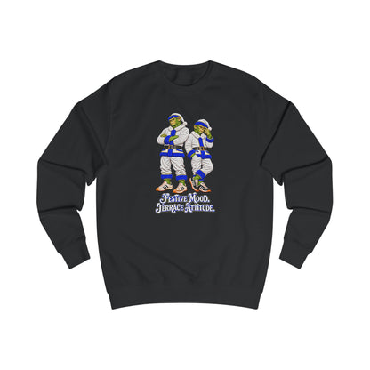 Black Leeds United Christmas jumper with two Northern Monkey chimps in white and blue Santa suits