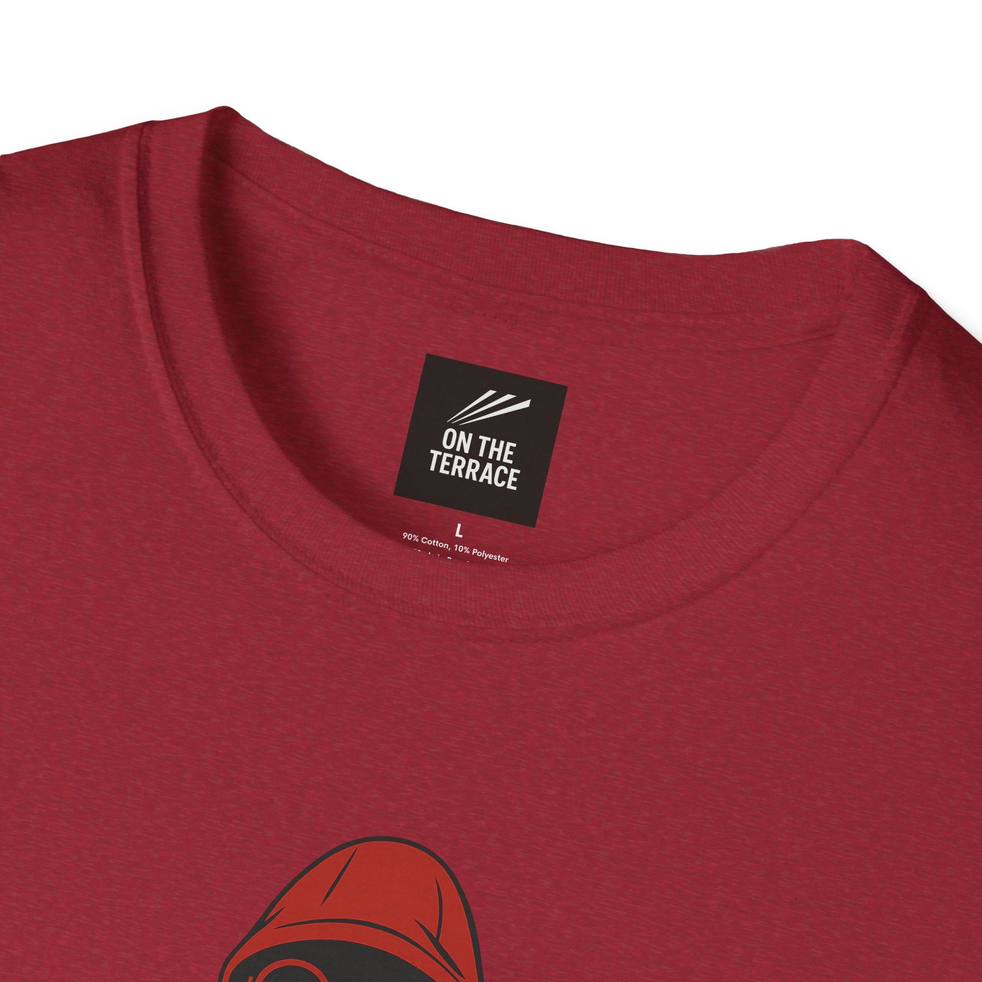 Close-up of red crew neck t-shirt with On The Terrace brand label and partial graphic design