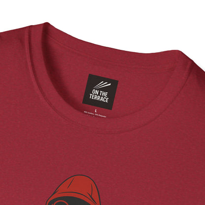 Close-up of red crew neck t-shirt with On The Terrace brand label and partial graphic design