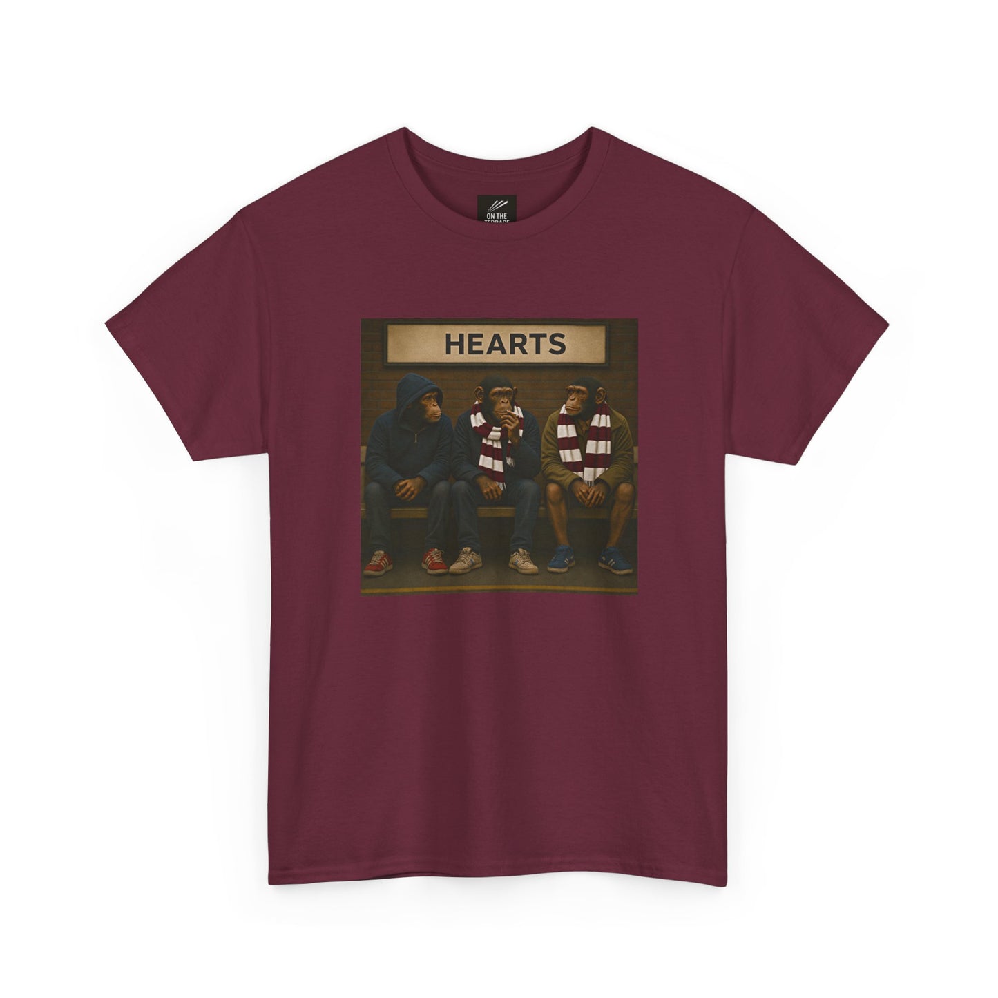 Hearts maroon terrace T-shirt showing three monkey characters beneath a station sign