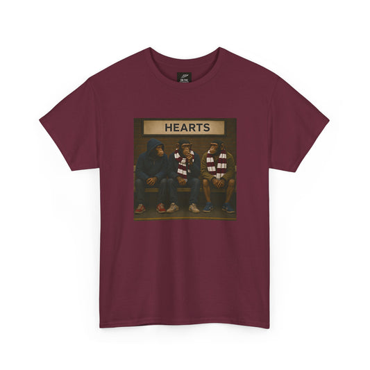 Hearts maroon terrace T-shirt showing three monkey characters beneath a station sign
