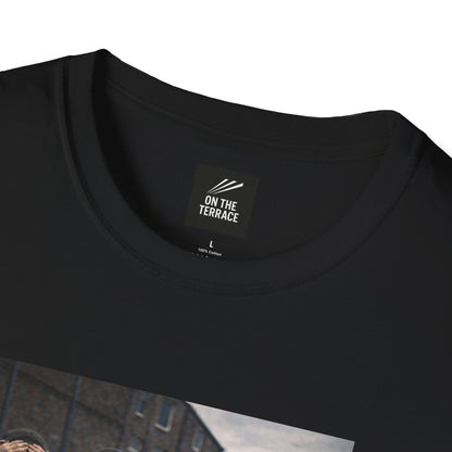 Black t-shirt with 'On The Terrace' label on a white background