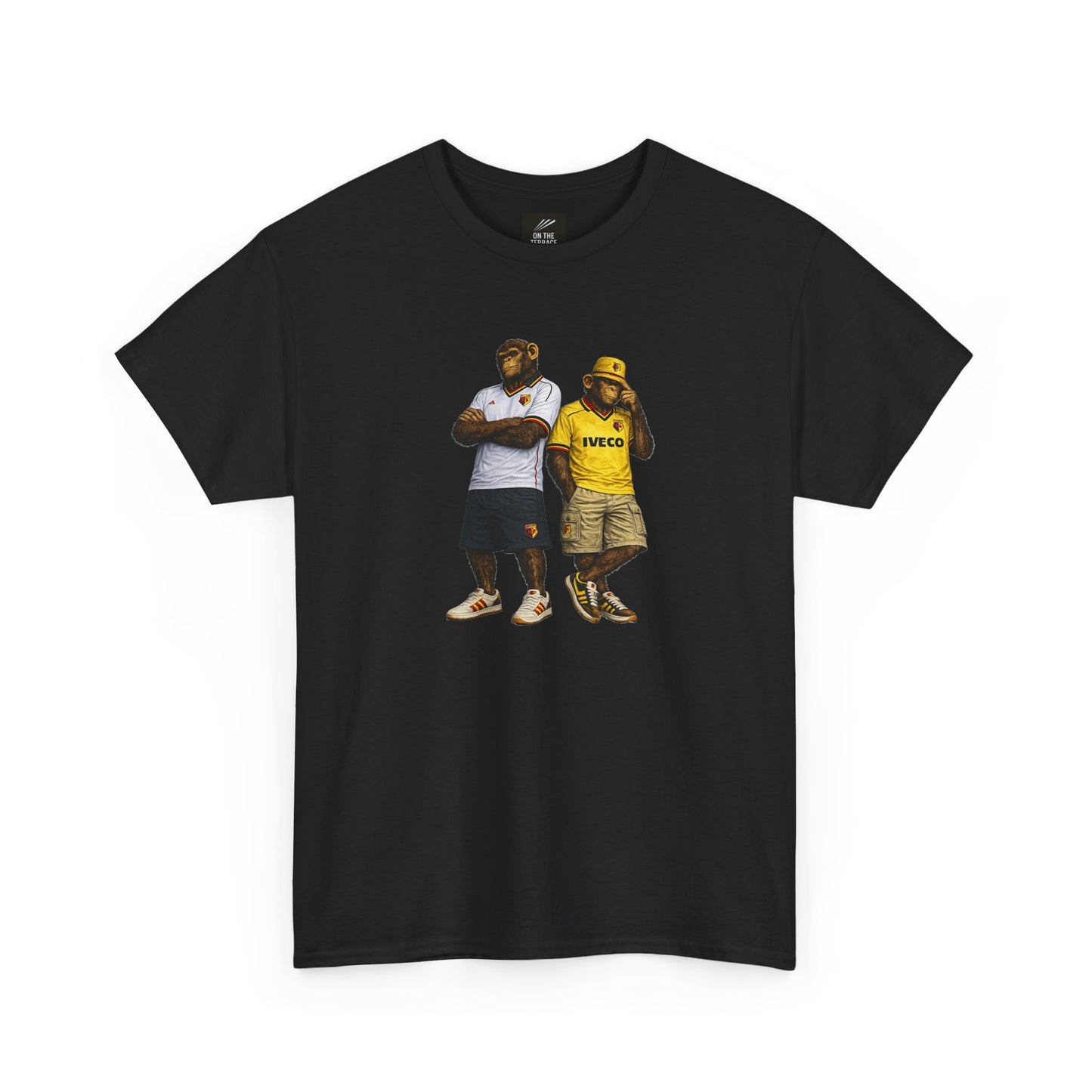A black short-sleeve Watford t-shirt featuring a graphic print of two men dressed as Pablo Escobar and Jack the Dog, styled with Gucci-inspired clothing, on a plain white background.