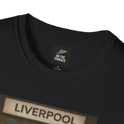 Black t-shirt with 'On The Terrace' label and 'Liverpool' text on a white background