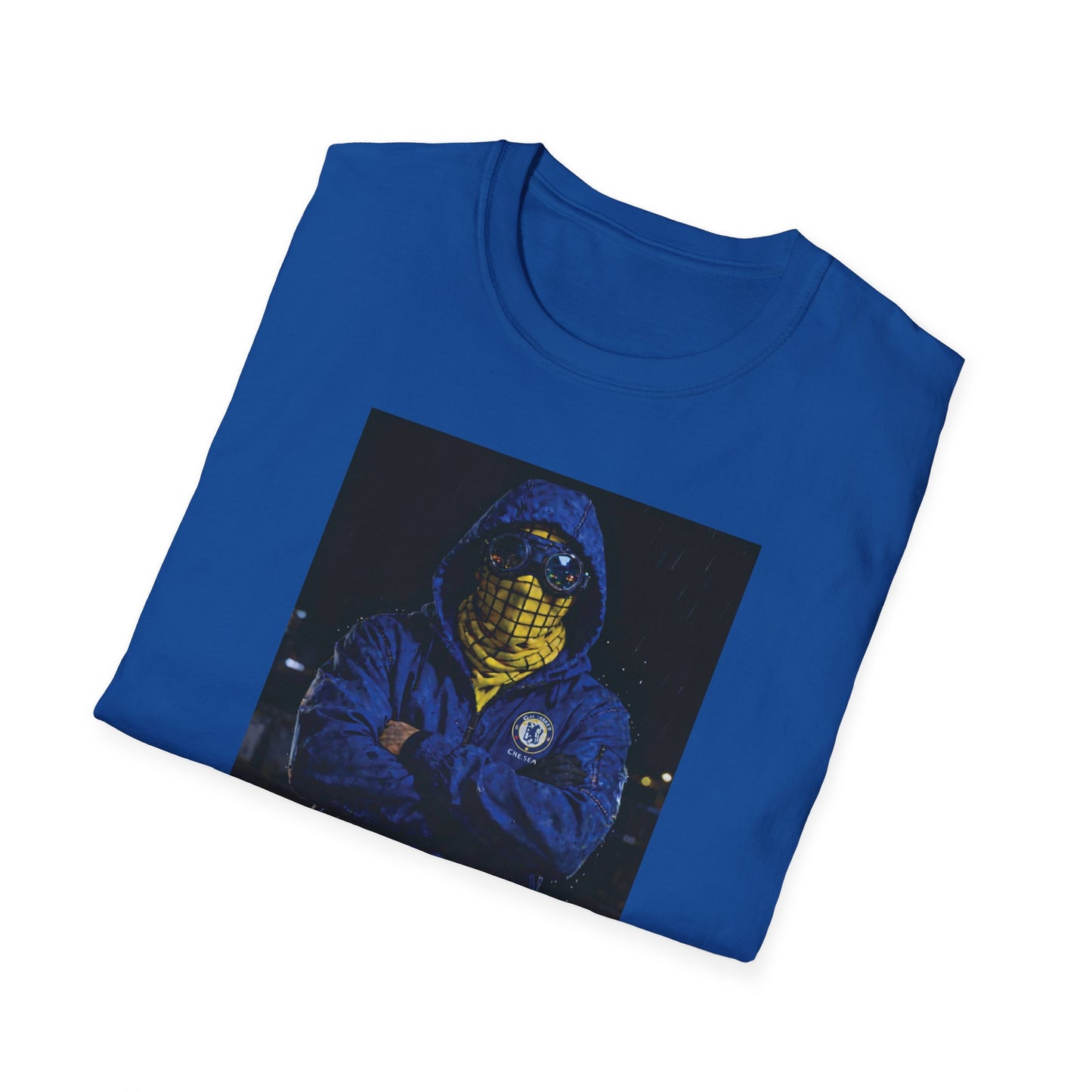 Folded Blue Chelsea t-shirt with graphic of person wearing blue hoodie, yellow checkered face covering, and goggles, Chelsea logo visible
