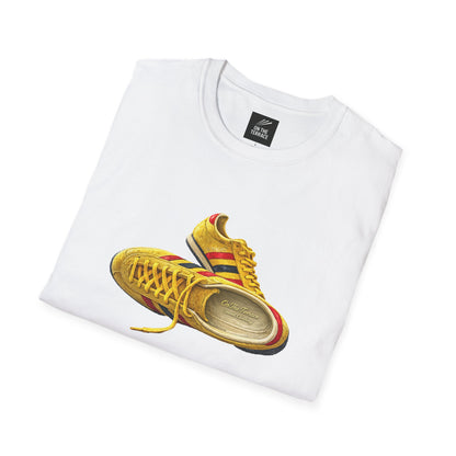 A folded white t-shirt with hand-illustrated yellow, navy and red retro terrace trainer sneaker graphic print, On The Terrace casual clothing brand
