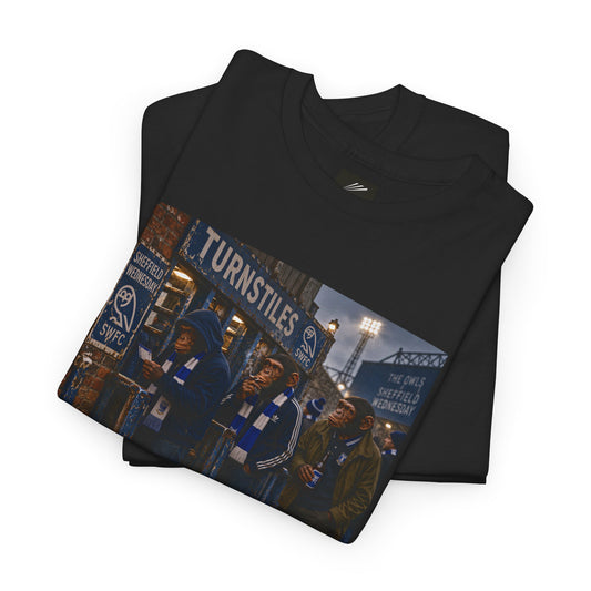 Sheffield Wednesday Turnstiles terrace t-shirt in black, chest print detail - On The Terrace casual wear
