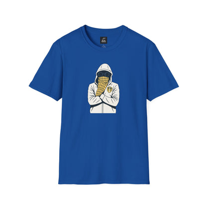 Leeds United Blue t-shirt with graphic of hooded figure wearing sunglasses and Leeds United scarf covering face