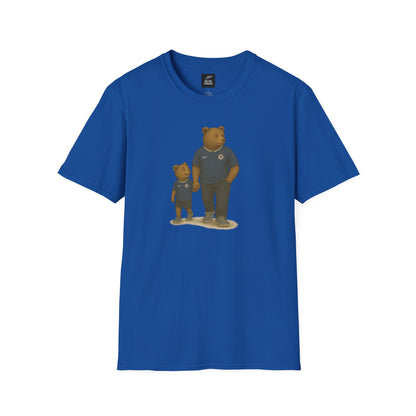 Blue t-shirt with bear graphic on a white background